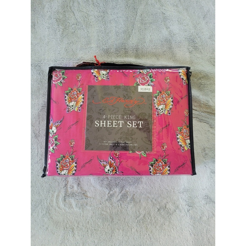 Ed Hardy King Size Pink Bedsheet Set Roses Butterfly Skulls Y2K 16" Deep Pocket